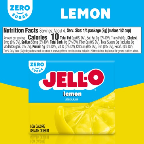 Jell-O Lemon Artificially Flavored Zero Sugar Gelatin Dessert Mix, Box Perspective: bottom