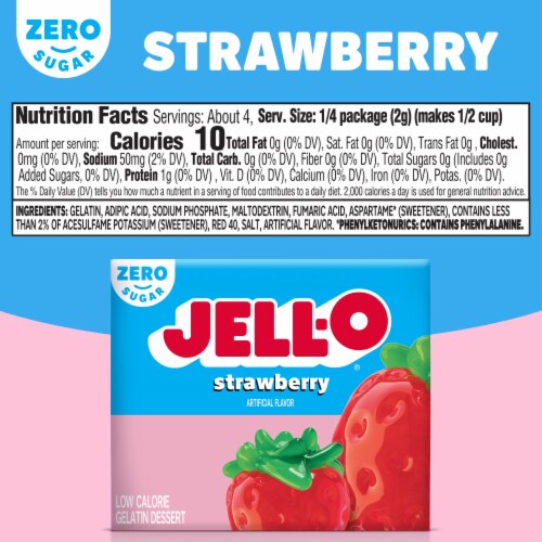 Jell-O Strawberry Artificially Flavored Zero Sugar Low Calorie Gelatin Dessert Mix, Box Perspective: bottom