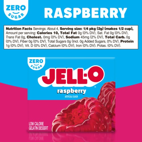 Jell-O Raspberry Artificially Flavored Zero Sugar Gelatin Dessert Mix, Box Perspective: bottom