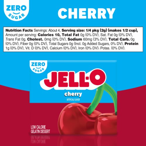 Jell-O Cherry Artificially Flavored Zero Sugar Low Calorie Gelatin Dessert Mix, Box Perspective: bottom