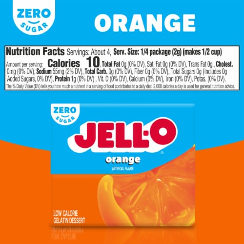 Jell-O Orange Artificially Flavored Zero Sugar Low Calorie Gelatin Dessert Mix, Box Perspective: bottom