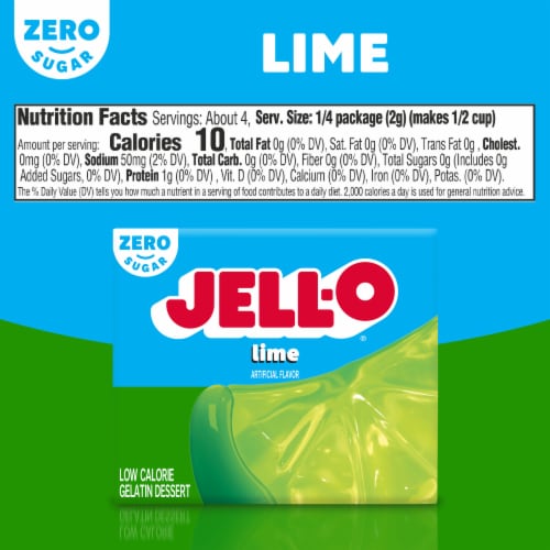 Jell-O Lime Artificially Flavored Zero Sugar Low Calorie Gelatin Dessert Mix, Box Perspective: bottom