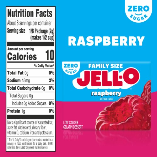 Jell-O Raspberry Artificially Flavored Zero Sugar Gelatin Dessert Mix, Family Size, Box Perspective: bottom