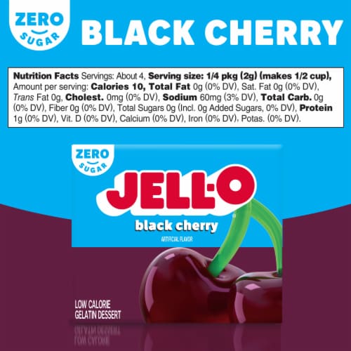 Jell-O Black Cherry Artificially Flavored Zero Sugar Low Calorie Gelatin Dessert Mix, Box Perspective: bottom
