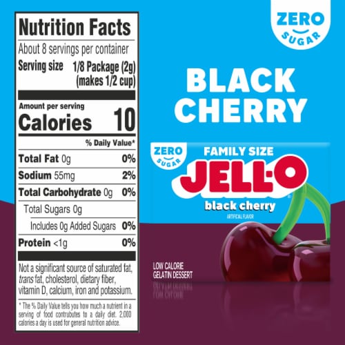 Jell-O Black Cherry Artificially Flavored Zero Sugar Gelatin Dessert Mix, Family Size, Box Perspective: bottom