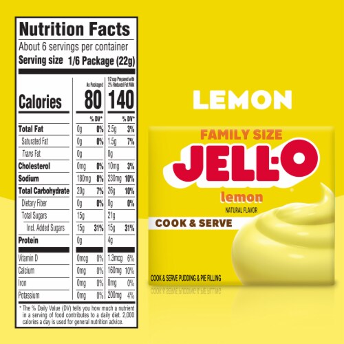 Jell-O Cook & Serve Lemon Naturally Flavored Pudding & Pie Filling Mix, Family Size, Box Perspective: bottom