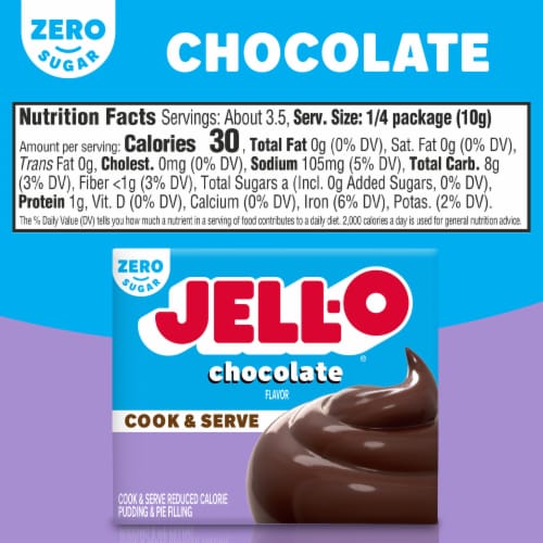Jell-O Chocolate Flavor Zero Sugar Cook & Serve Reduced Calorie Pudding & Pie Filling Mix, Box Perspective: bottom