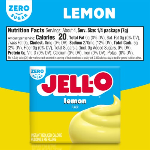 Jell-O Lemon Flavor Zero Sugar Instant Reduced Calorie Pudding & Pie Filling Mix, Box Perspective: bottom