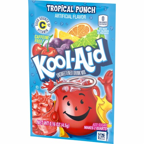 Kool Aid Unsweetened Tropical Punch Red Powdered Soft Drink Mix Packet Perspective: bottom