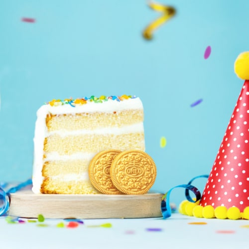 OREO Golden Birthday Cake Creme Sandwich Cookies Perspective: bottom