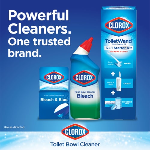 Clorox Ultra Clean Bleach and Blue Rain Clean Toilet Tablets Perspective: bottom