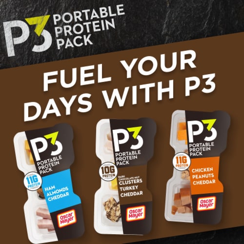 P3 Portable Protein Snack Pack with Dark Chocolate Almond Nut Clusters Turkey & Cheddar Cheese Perspective: bottom