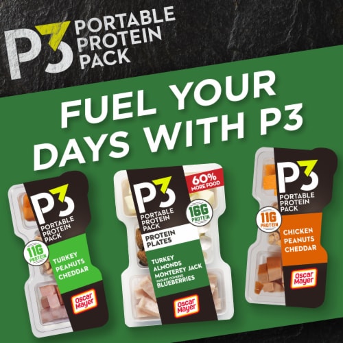 P3 Portable Protein with Turkey Almonds Jack Cheese & Yogurt Covered Blueberries Snack Pack Perspective: bottom