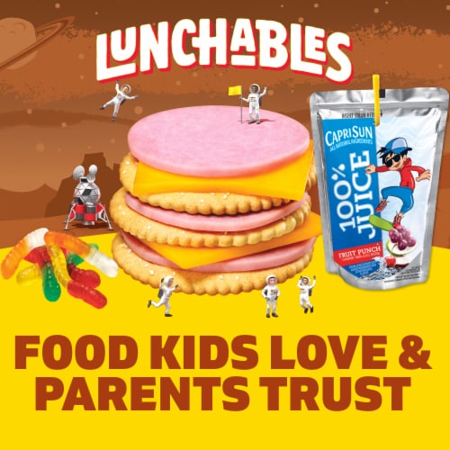 Lunchables Ham & Cheddar Stackers Capri Sun Fruit Punch 100% Juice Drink & Gummy Worms, Box Perspective: bottom
