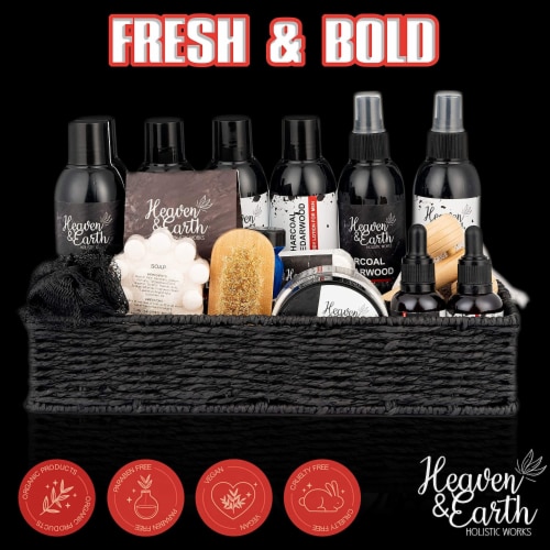 Grooming Kit for Men 18-Piece Gift Set. Charcoal Cedarwood, Natural. Bath & Body Perspective: bottom