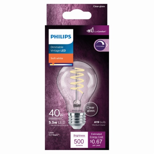 Philips 5.5-Watt (40-Watt) A19 Vintage LED Dimmable Light Bulb - Soft White (2700K) Perspective: bottom