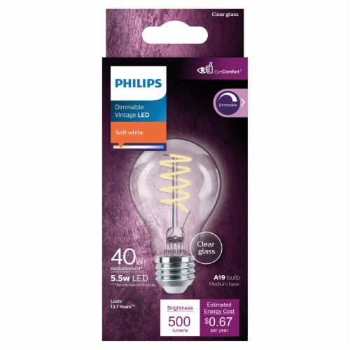 Philips 5.5-Watt (40-Watt) A19 Vintage LED Dimmable Light Bulb - Soft White (2700K) Perspective: bottom