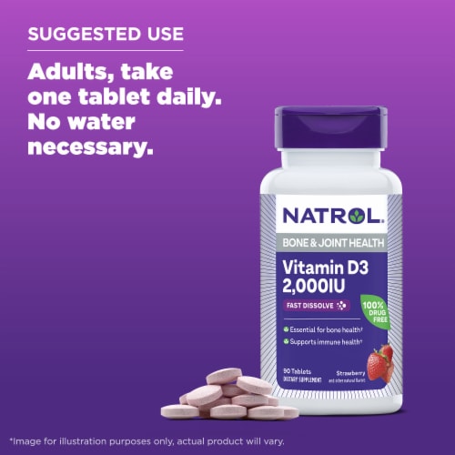 Natrol® Bone and Joint Health Vitamin D Strawberry Fast Dissolve Tablets 2000 IU Perspective: bottom