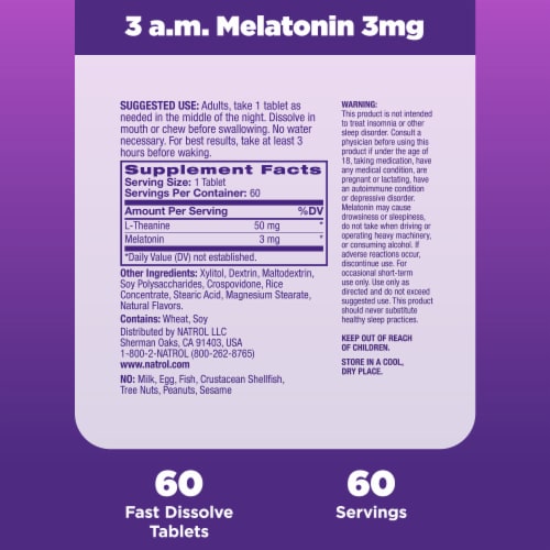 Natrol® Three A.M. Melatonin Sleep Aid Supplement Lavender Vanilla Flavored Fast Dissolve Tablets Perspective: bottom
