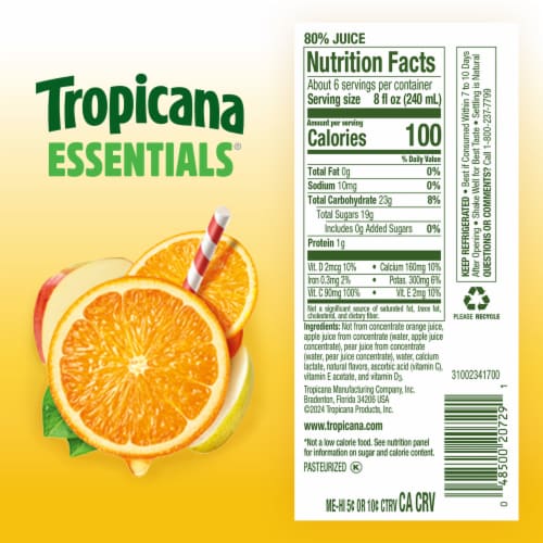 Tropicana Essentials Flavored Orange Juice Beverage Blend With Other Fruit, No Pulp 46 fl oz Bottle Perspective: bottom