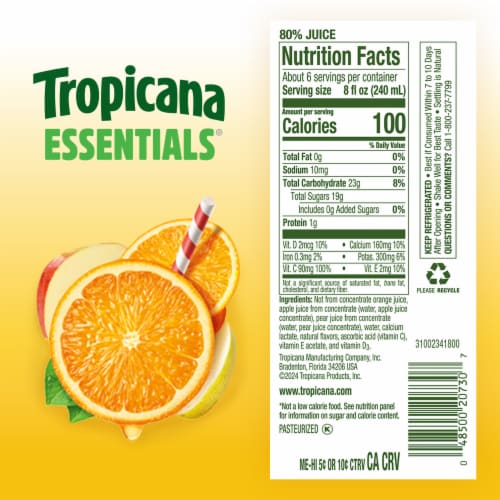 Tropicana Essentials Flavored Orange Juice Beverage Blend With Other Fruit, Some Pulp, 46 fl oz Perspective: bottom