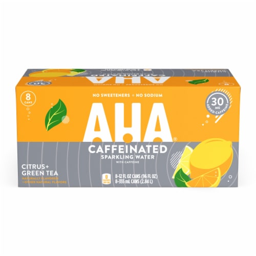 AHA® Caffeinated Citrus and Green Tea Flavored Sparkling Water Cans Perspective: bottom
