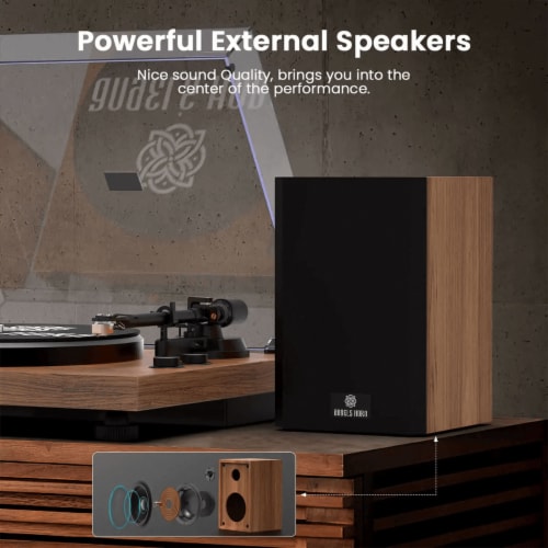 Angels Horn Bluetooth Vinyl Record Player w/ Bookshelf Speakers and