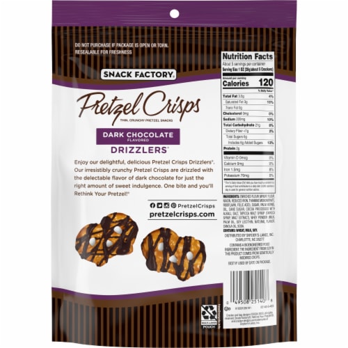 Snack Factory Pretzel Crisps Drizzlers Dark Chocolate Drizzled Pretzels Perspective: bottom