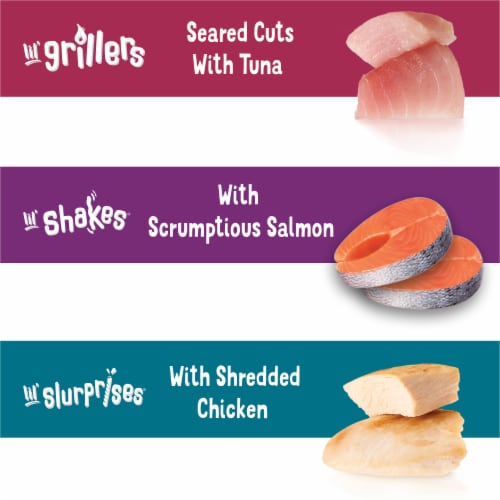 Friskies Lil Complements Variety Pack Lickable Gravy Cat Food Topper Seafood and Poultry Perspective: bottom