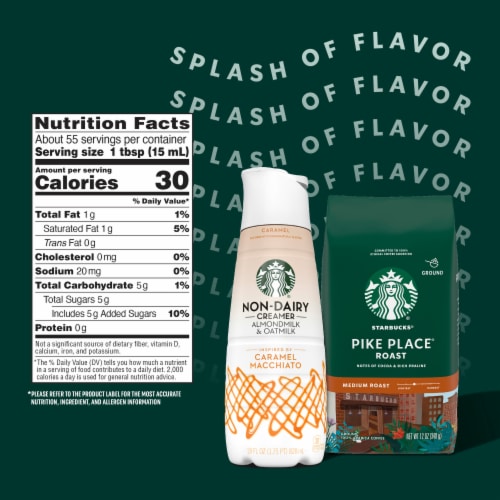 Starbucks Caramel Flavored Coffee Creamer Almond Milk and Oat Milk Inspired by Caramel Macchiato Perspective: bottom