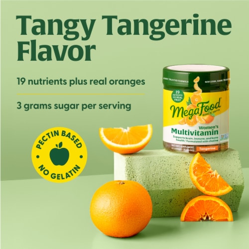 MegaFood Women's Tangerine Multi-Vitamin Gummies Perspective: bottom