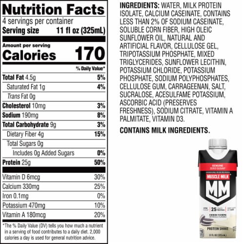 Muscle Milk Genuine Zero Sugar Protein Shake Cookies 'N Creme Perspective: bottom