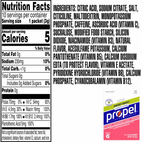 Propel Energy Boost Zero Sugar Electrolyte Water Beverage Mix Passionfruit Guava Perspective: bottom