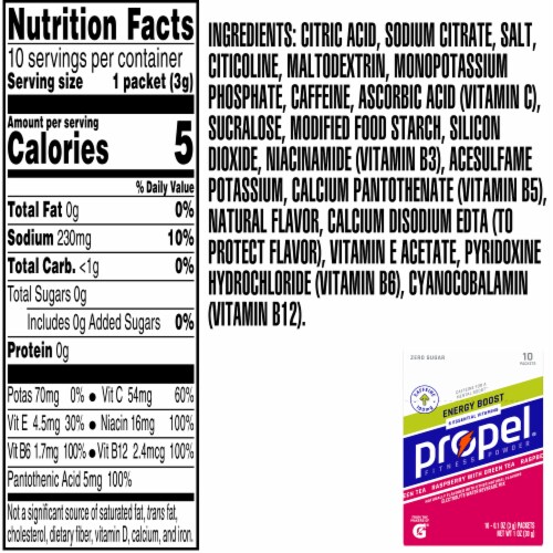 Propel Energy Boost Zero Sugar Electrolyte Water Beverage Mix Raspberry with Green Tea Perspective: bottom