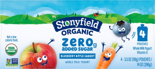 Stonyfield Organic Kids Zero G Added Sugar Whole Milk Yogurt Pouches, Blueberry Apple Carrot Perspective: bottom