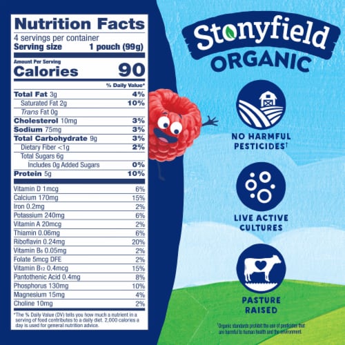 Stonyfield Organic Kids Zero G Added Sugar Whole Milk Yogurt Pouches, Cherry Berry Pear, 3.5 oz, 4Ct Perspective: bottom