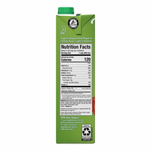 Pacific Foods™ Organic Creamy Roasted Red Pepper & Tomato Soup Light Sodium Perspective: bottom
