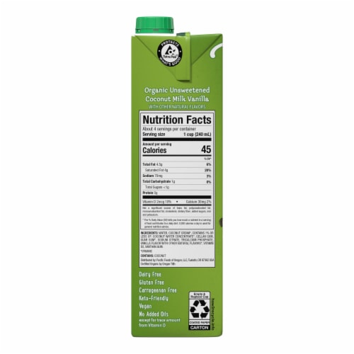 Pacific Foods™ Organic Coconut Unsweetened Vanilla Plant-Based Beverage Perspective: bottom