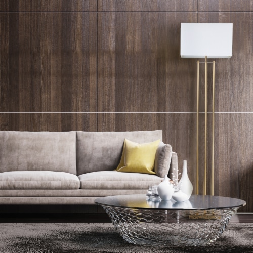 Globe Electric Matte Brass Floor Lamp with White Linen Shade Perspective: bottom