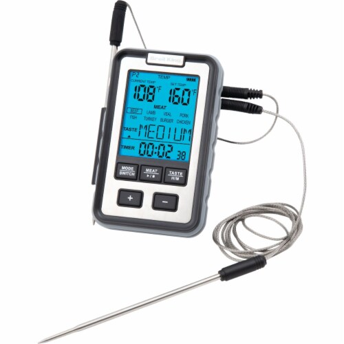 Digital meat thermometer with dual probe and long wire.