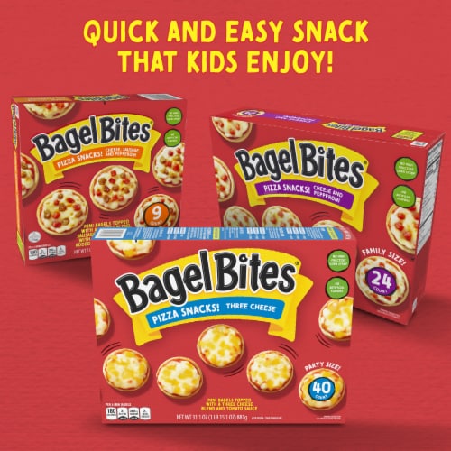 Bagel Bites Three Cheese Mini Pizza Bagel Frozen Snacks Perspective: bottom