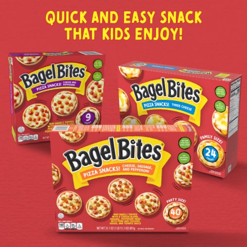 Bagel Bites Cheese Sausage & Pepperoni Mini Pizza Bagel Frozen Snacks Perspective: bottom