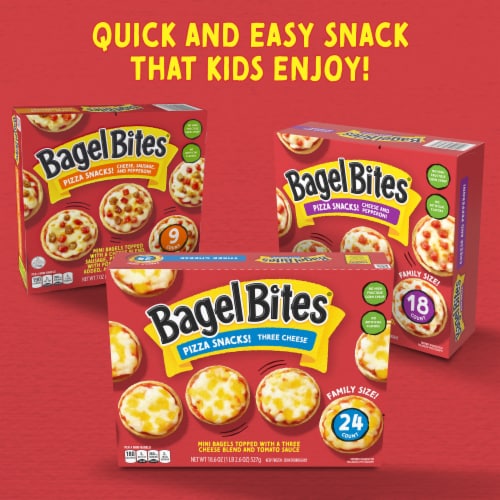 Bagel Bites Three Cheese Mini Pizza Bagel Frozen Snacks Perspective: bottom