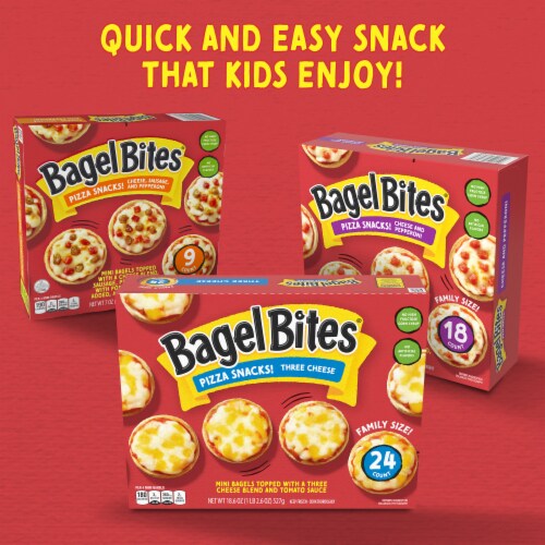 Bagel Bites Three Cheese Mini Pizza Bagel Frozen Snacks, Box Perspective: bottom