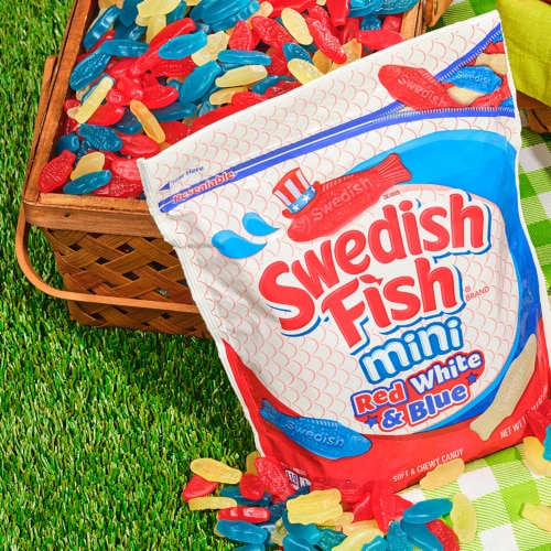 SWEDISH FISH Mini Red White & Blue Soft & Chewy Candy Bag Perspective: bottom