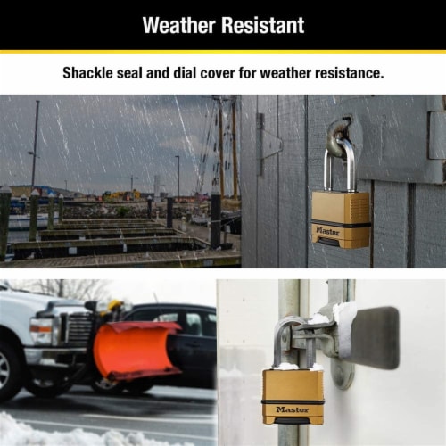Master Lock M175XDLF Heavy Duty Outdoor Combination Lock, 1-1/2 in. Shackle, Brass Finish Perspective: bottom