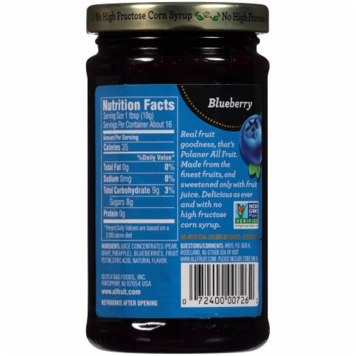 Polaner All Fruit Gluten Free Blueberry Fruit Spread, Non-GMO Perspective: bottom
