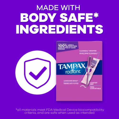 Tampax Radiant Tampons, with LeakGuard Braid, Regular Absorbency, Unscented Perspective: bottom