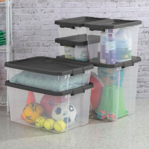 Sterilite 30 Qt Clear Plastic Stackable Storage Container Bin w/ Grey Latch Lid Perspective: bottom