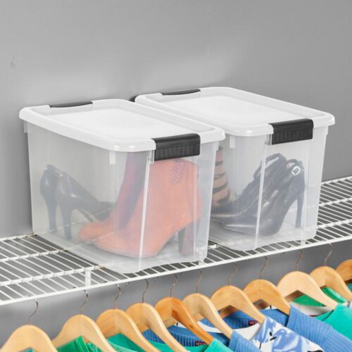 Sterilite 30 Qt Clear Plastic Stackable Storage Bin w/ Latch Lid, White (6 Pack) Perspective: bottom
